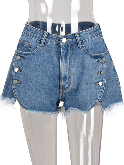 Blue JJXX high-rise denim shorts with side buttons.