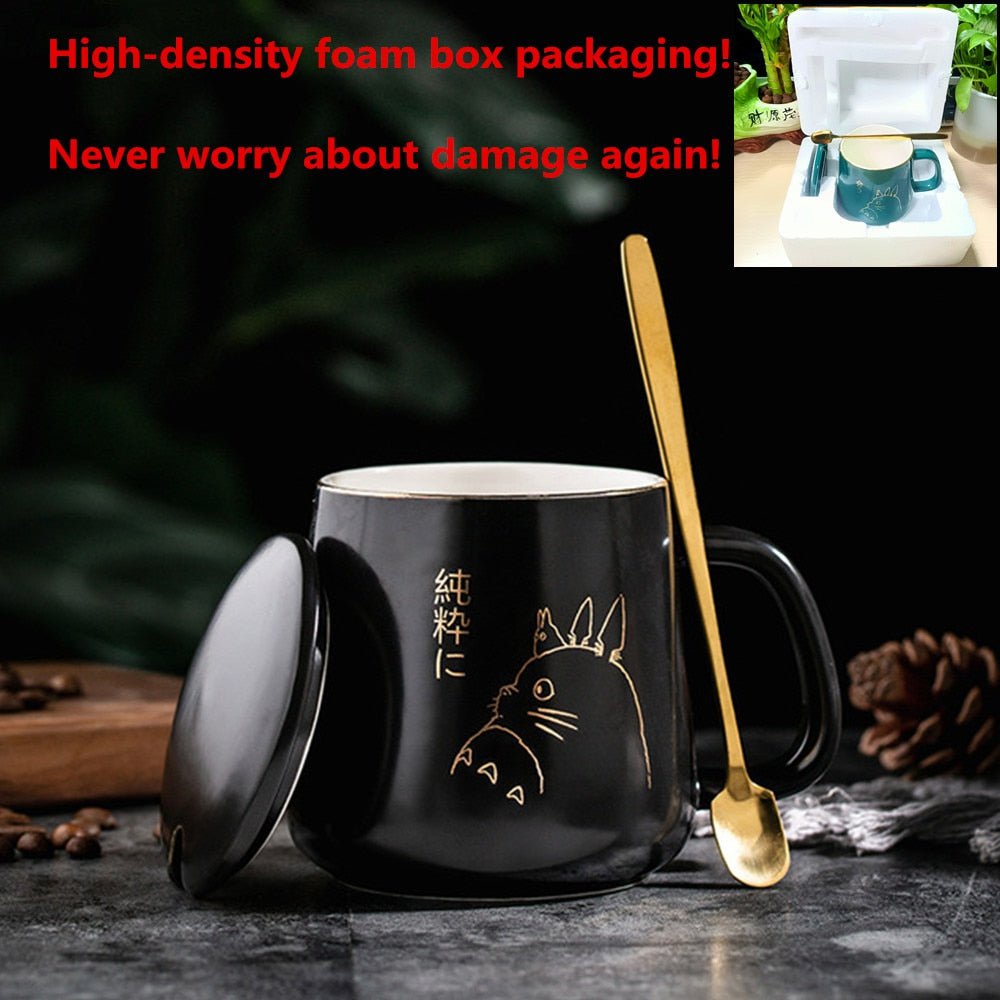 black / 400ml ceramic cat mug with lid spoon 14:193#black;26:200007962#400ml