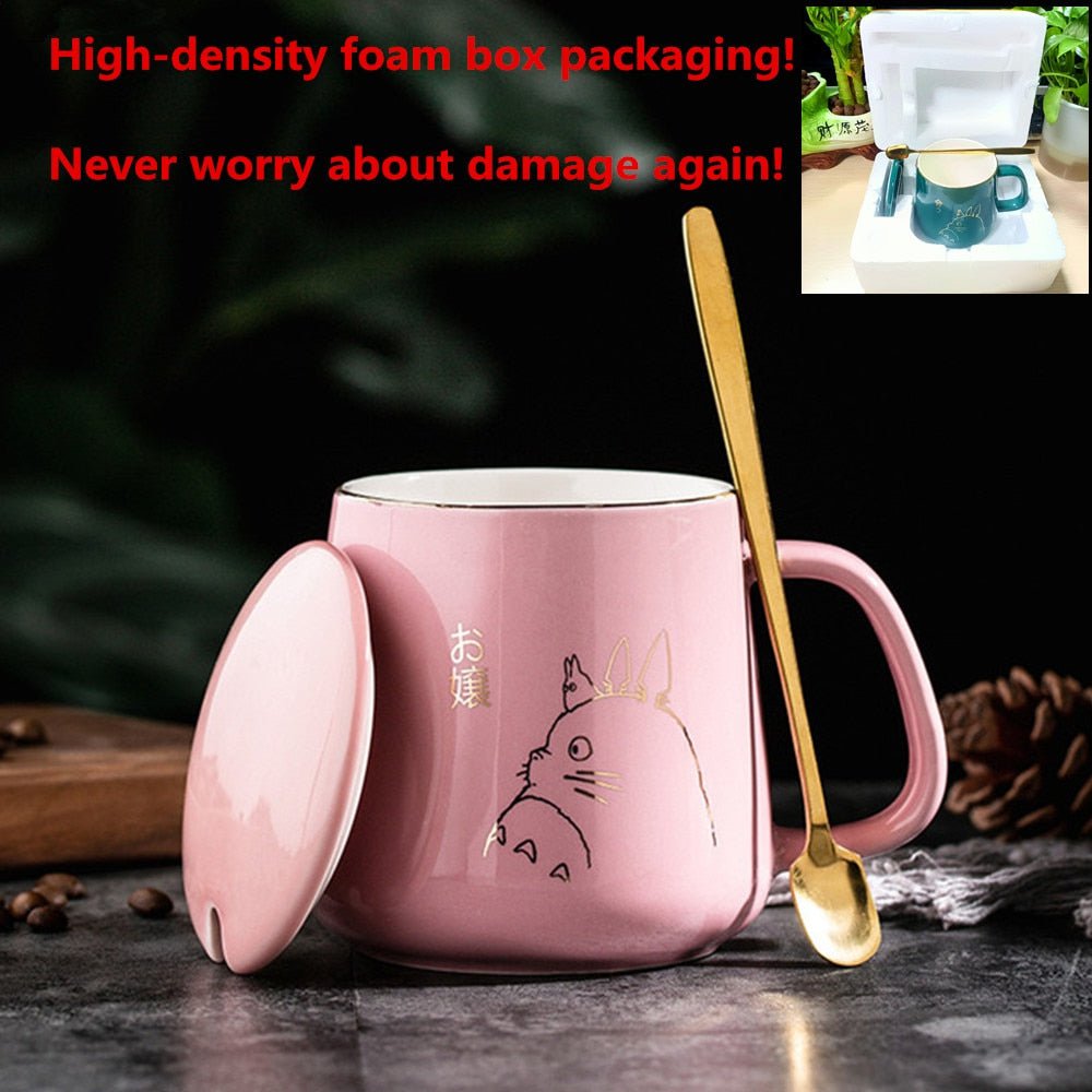 Pink / 400ml ceramic cat mug with lid spoon 14:10#Pink;26:200007962#400ml