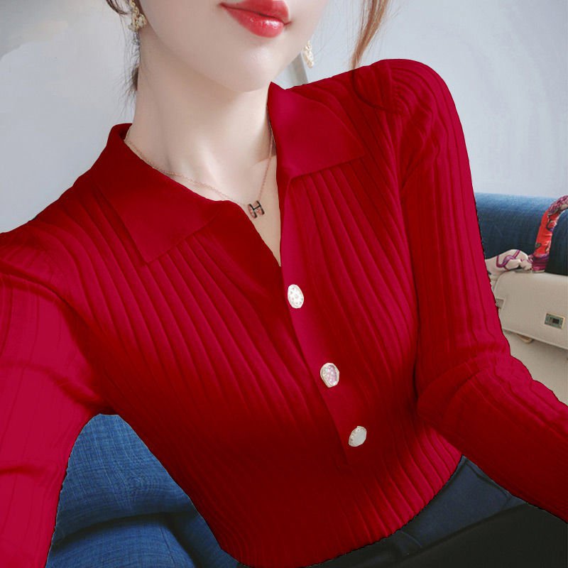 Red / XS Lapel long sleeve button shirt womens 14:10;5:100014066