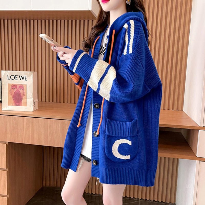 Blue / One Size hooded knit pull sweater coat c 14:173;5:200003528