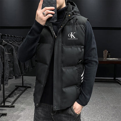 "OK" hooded puffer vest in black/Rice White