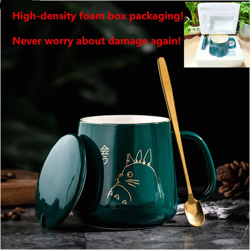 green / 400ml ceramic cat mug with lid spoon 14:173#green;26:200007962#400ml