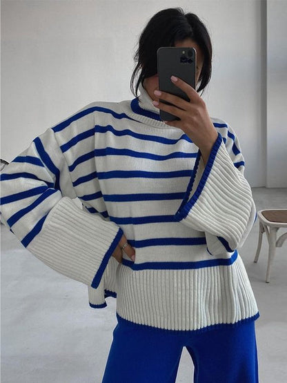Blue / S oversized striped turtleneck sweater 14:496#Blue;5:100014064