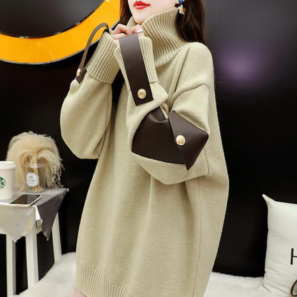 apricot / M Solid loose neck turtleneck sweater 14:175#apricot;5:361386