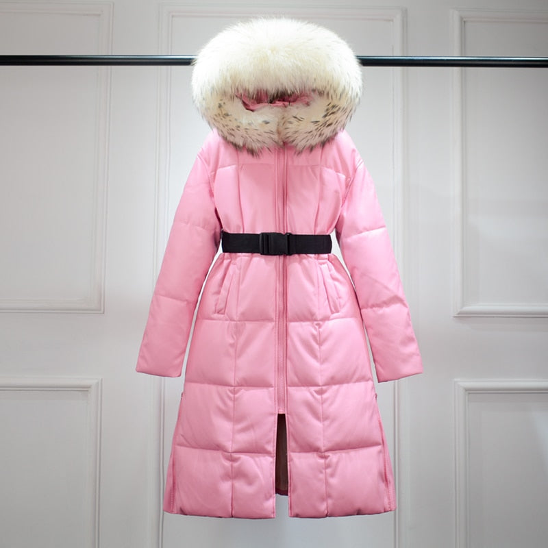 Petite longline square quilted maxi coat with fur hood in pink
