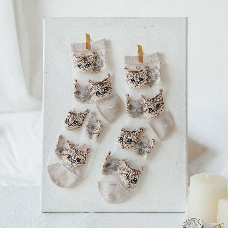 Cat Khaki Transparent cat socks /lot(6pairs) 14:10#Cat Khaki