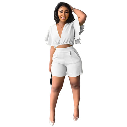 & V-neck Ruffled sleeve crop top & shorts suit