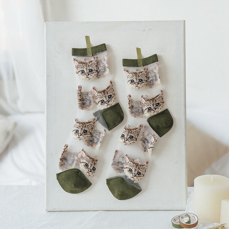 Cat Green Transparent cat socks /lot(6pairs) 14:496#Cat Green