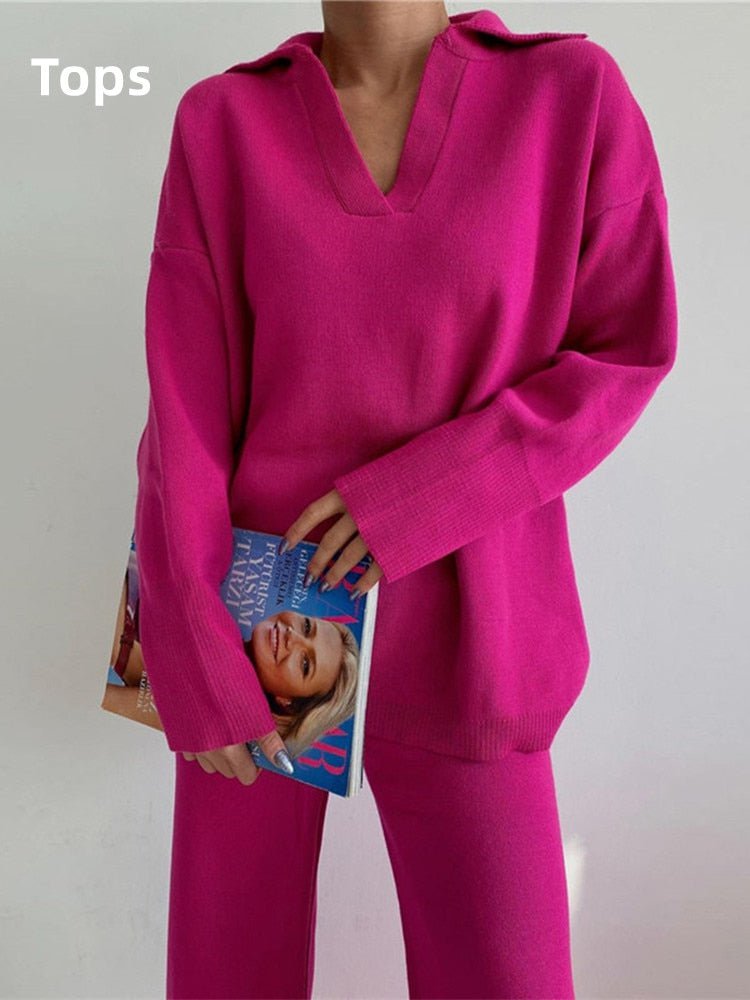 Rose Red Top / S knit wide leg pants set-warm winter 14:350850#Rose Red Top;5:100014064