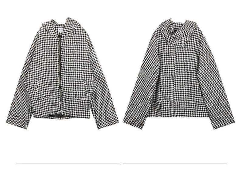 Only hooded jacket in black and white houndstooth