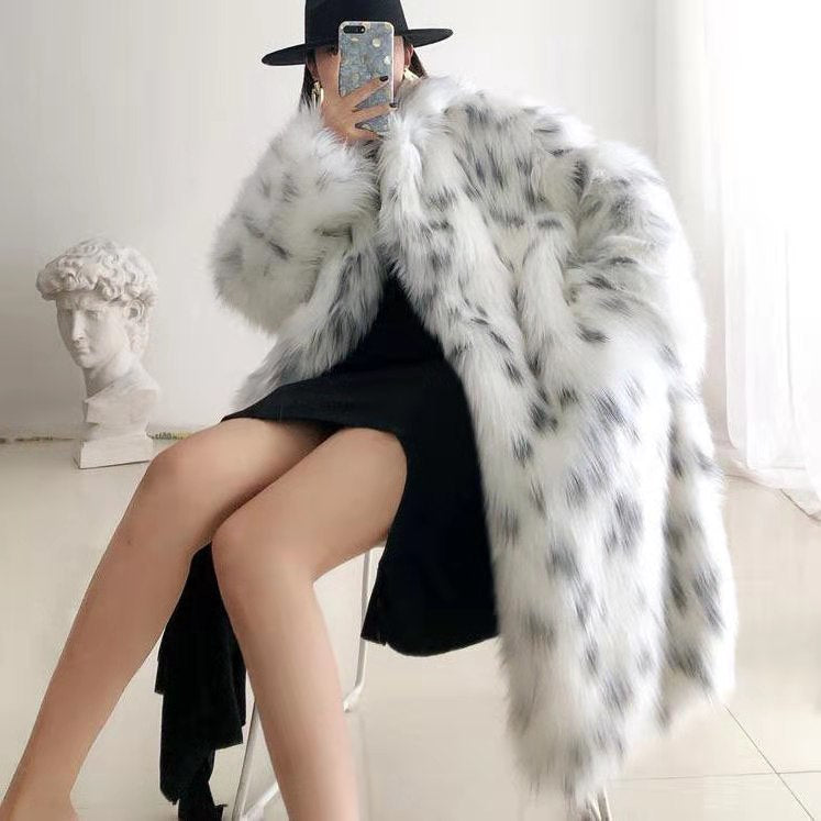 Reclaimed oversized longline faux fur coat white with dots