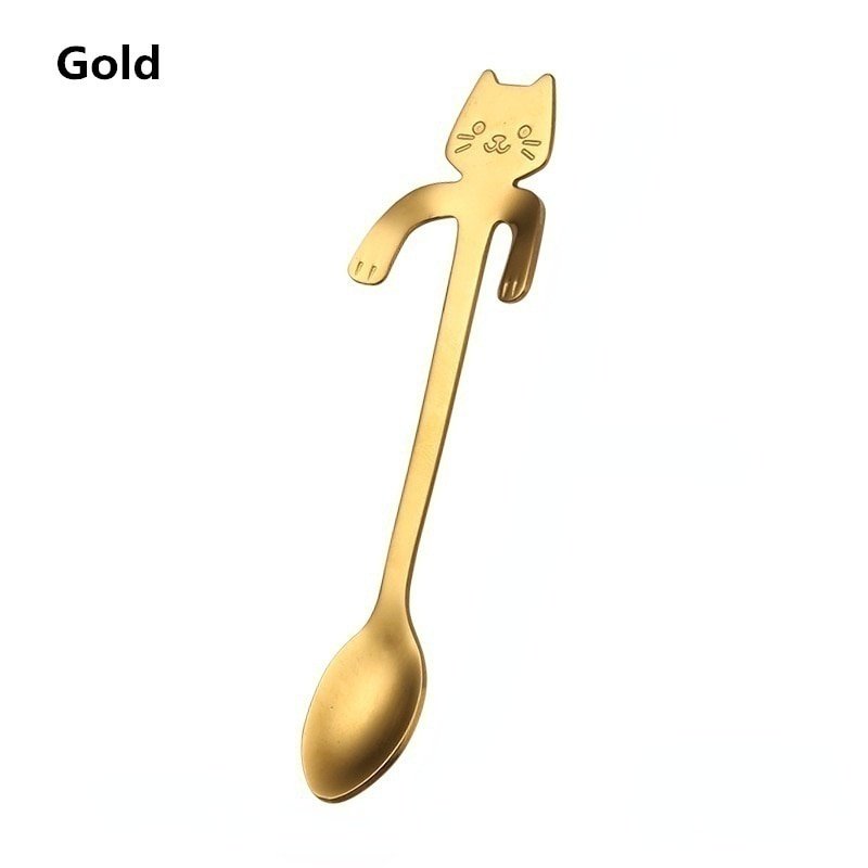 Gold lovely cute cat shaped teaspoon and ice 14:350850#Gold