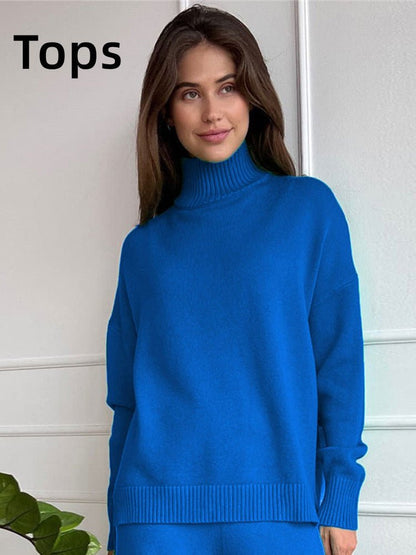Blue Tops / S turtleneck knit sweater set for ladies 14:10#Blue Tops;5:100014064
