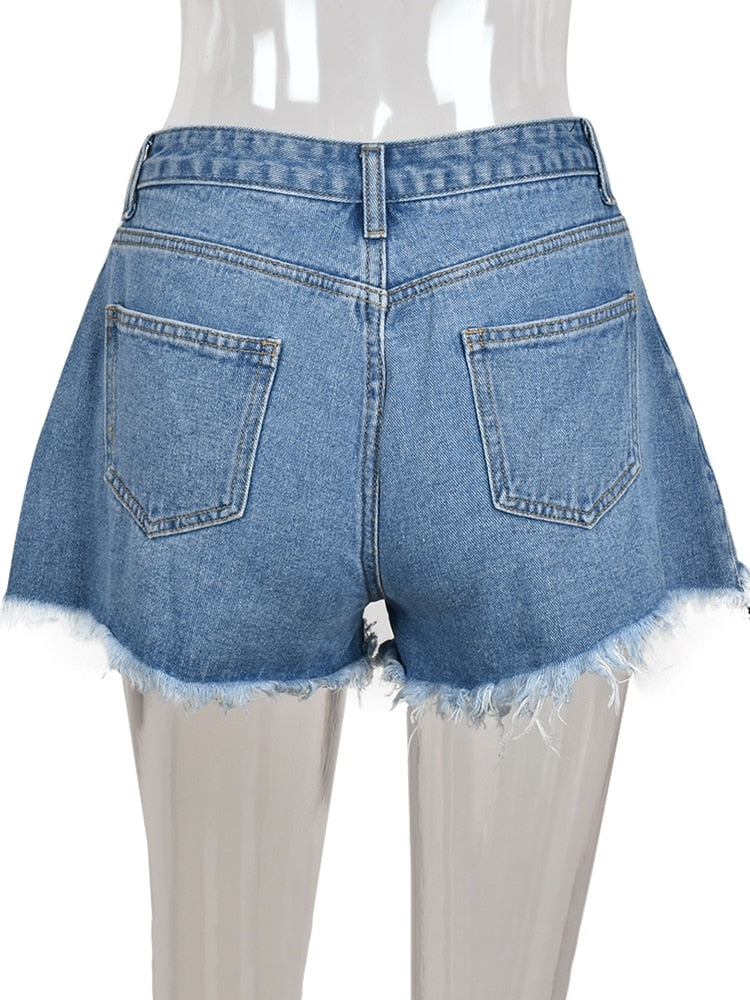Blue JJXX high-rise denim shorts with side buttons.