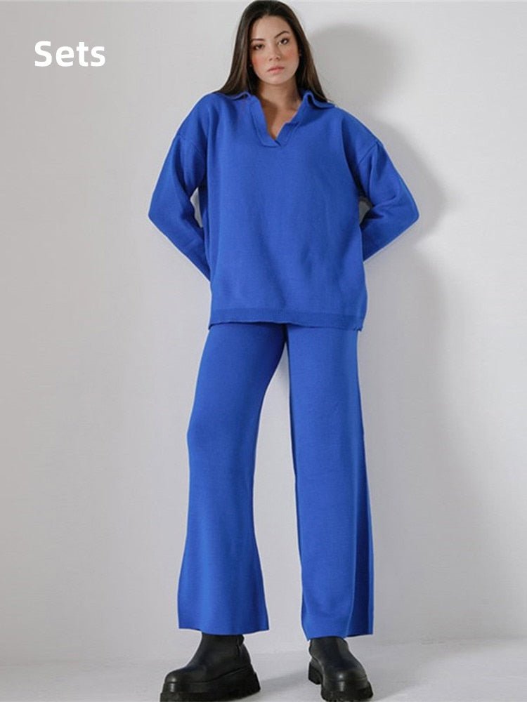 Blue Suit / S knit wide leg pants set-winter 14:175#Blue Suit;5:100014064