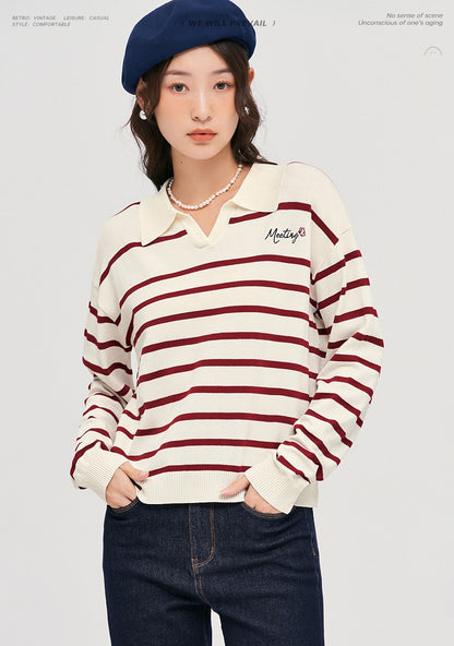 JJZX -V-neck sweater in off-white and rose red stripe