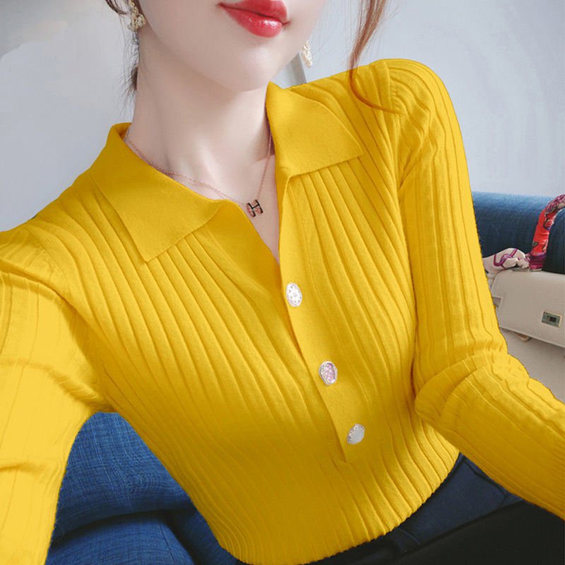Yellow / XS Lapel long sleeve button shirt womens 14:366;5:100014066
