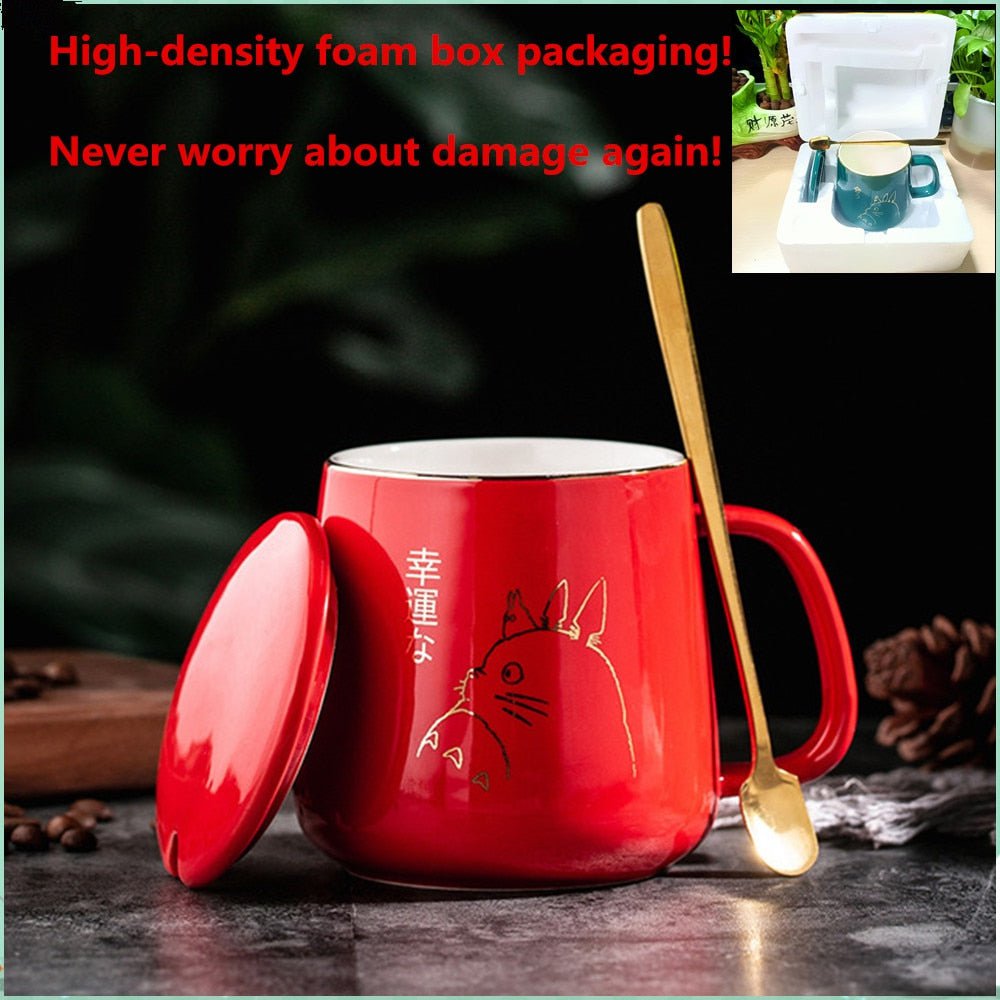 red / 400ml ceramic cat mug with lid spoon 14:366#red;26:200007962#400ml