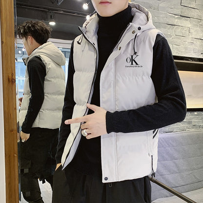 "OK" hooded puffer vest in black/Rice White