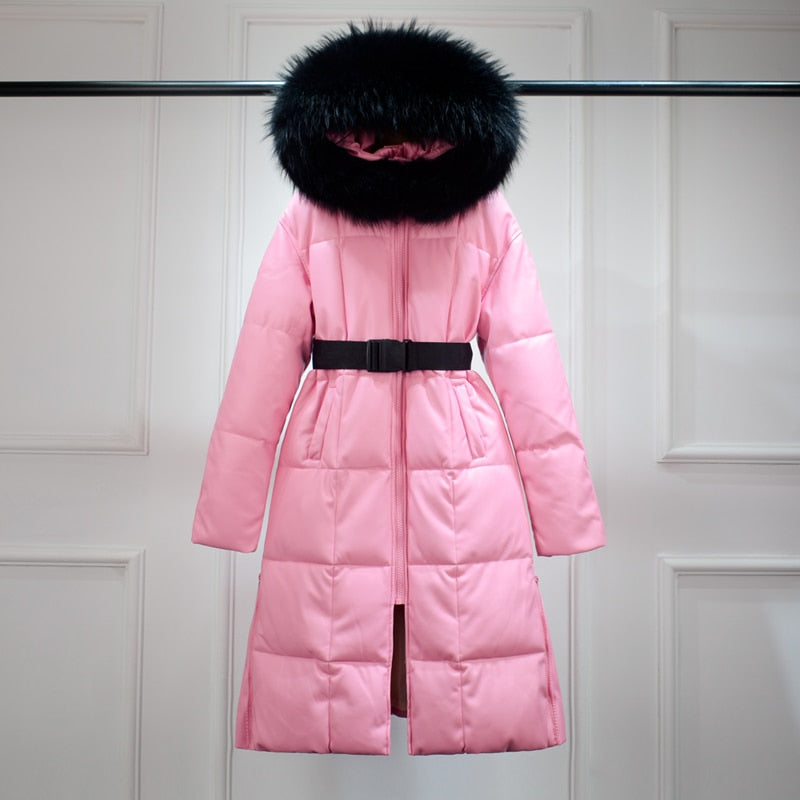 Petite longline square quilted maxi coat with fur hood in pink