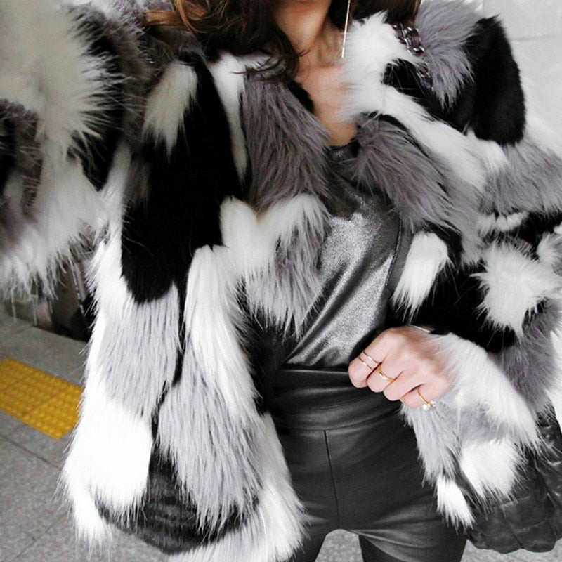 Black furry faux fur coat white
