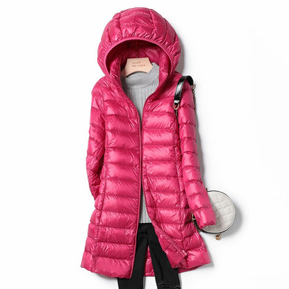 Petite funnel neck padded long coat with hood