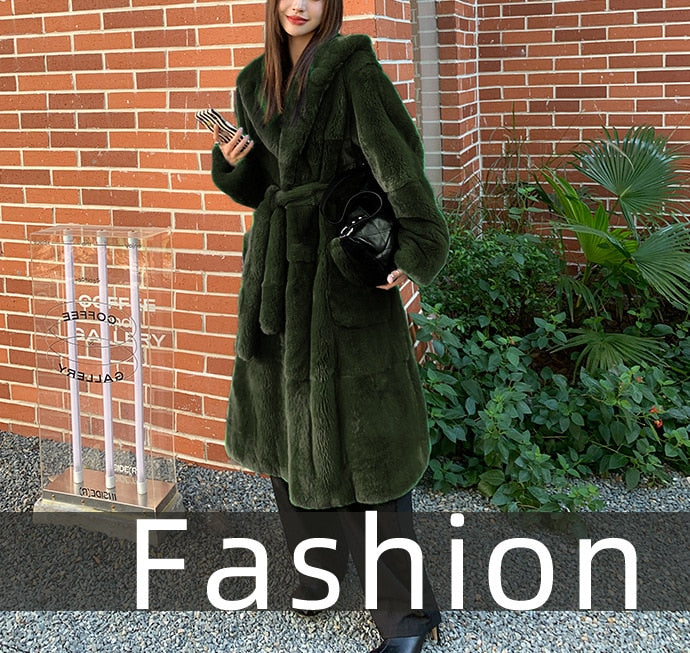 Thick winter long fur coat with belt hooded