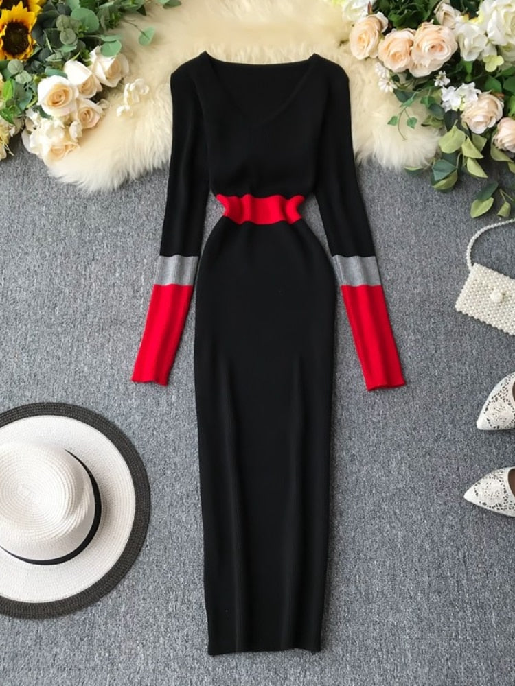 &OS Long V-neck Knitted Dresses in Slim Black