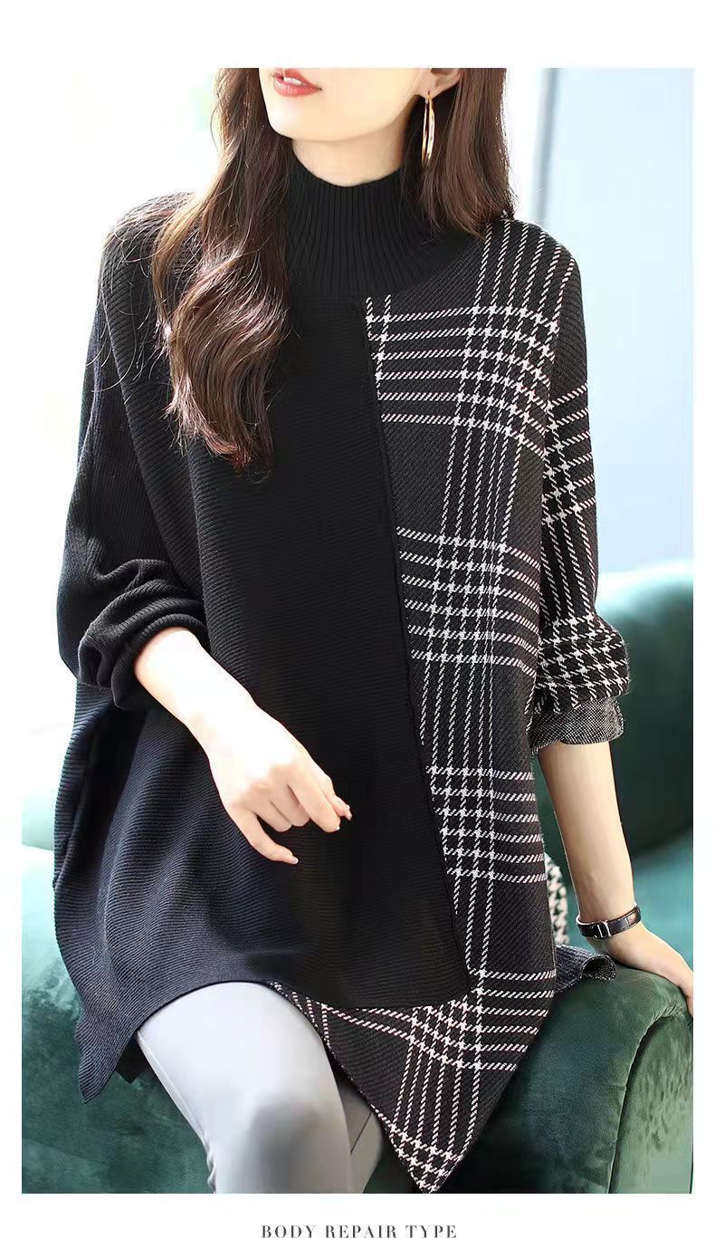 Forever plaid loose half high collar knitted jumpers