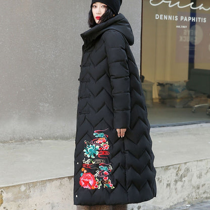 Retro embroidered long puffer coat