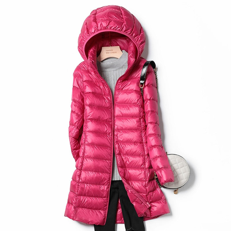 Petite funnel neck padded long coat with hood