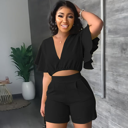 & V-neck Ruffled sleeve crop top & shorts suit