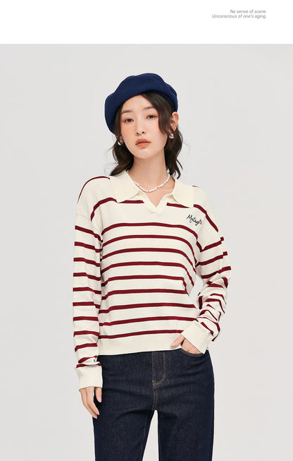 JJZX -V-neck sweater in off-white and rose red stripe