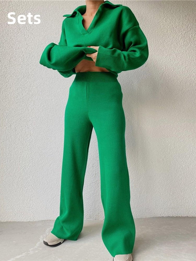 Green Suit / S knit wide leg pants set-winter 14:771#Green Suit;5:100014064