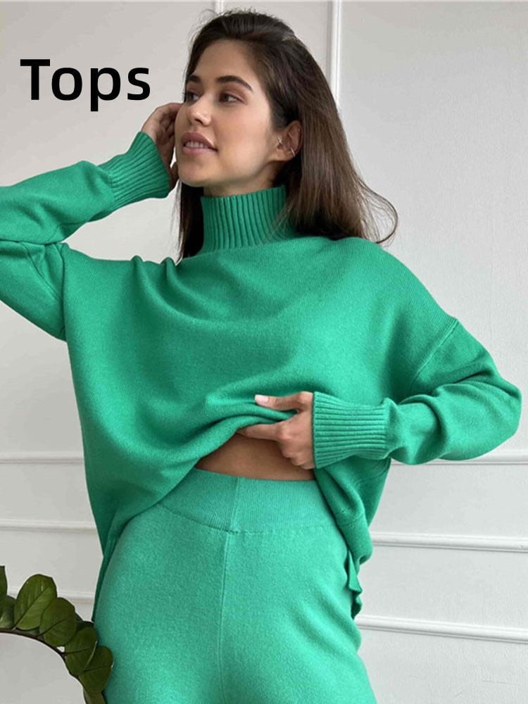 Green Tops / S turtleneck knit sweater set for ladies 14:771#Green Tops;5:100014064