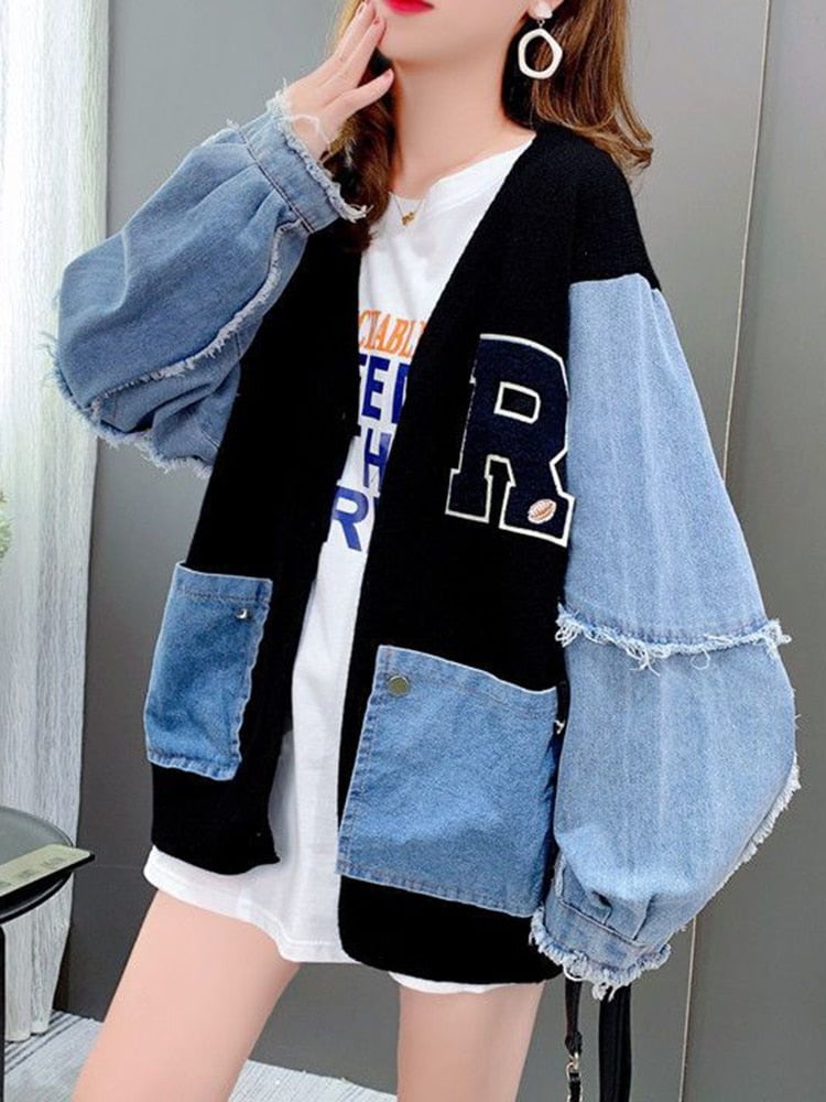 knit sweater with denim sleeves