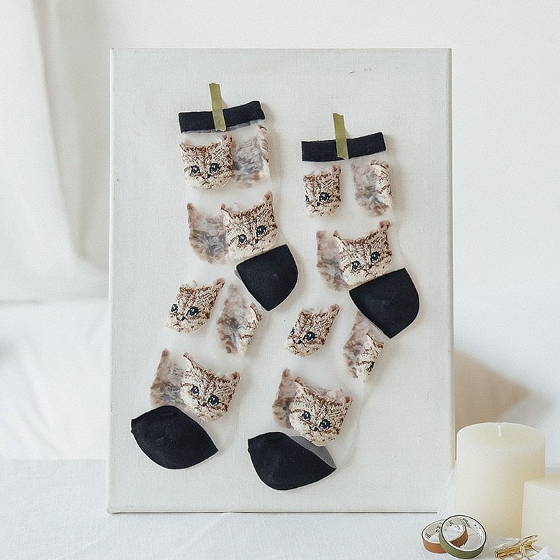 Cat Black Transparent cat socks /lot(6pairs) 14:350853#Cat Black