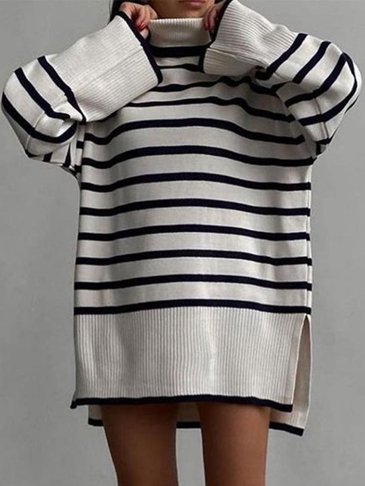 White / S oversized striped turtleneck sweater 14:203027873#White;5:100014064