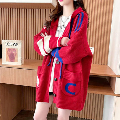 Red / One Size hooded knit pull sweater coat c 14:10;5:200003528