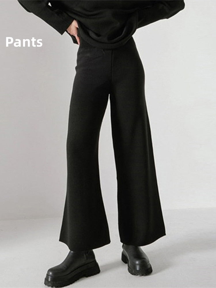 Black Pants / S knit wide leg pants set-winter 14:496#Black Pants;5:100014064