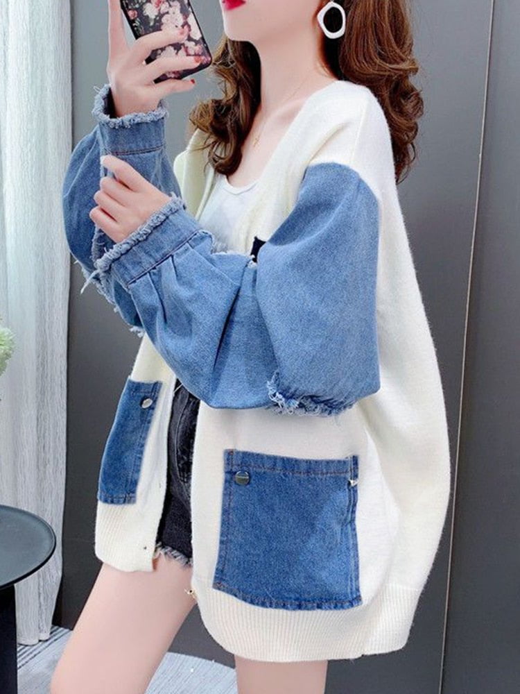 knit sweater with denim sleeves