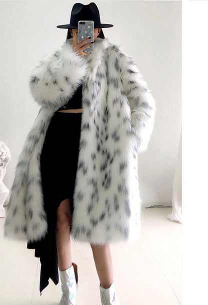Reclaimed oversized longline faux fur coat white with dots