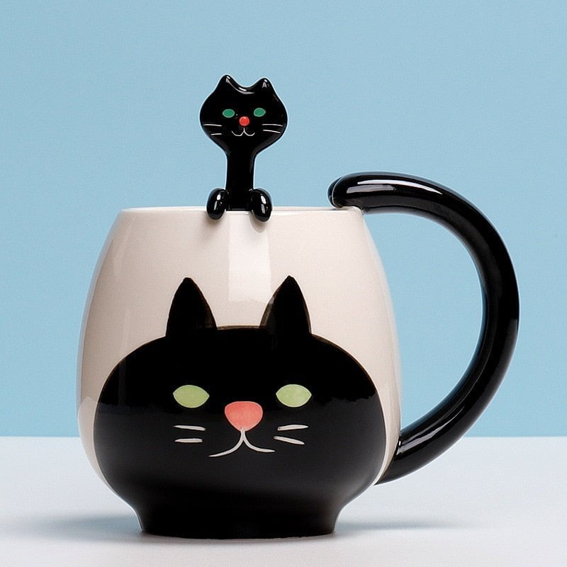 Cat Black cat mug with spoon 12 oz 14:193#Cat Black