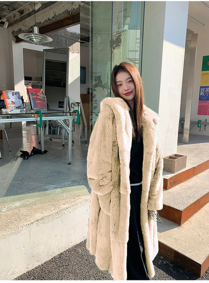 Thick winter long fur coat with belt hooded