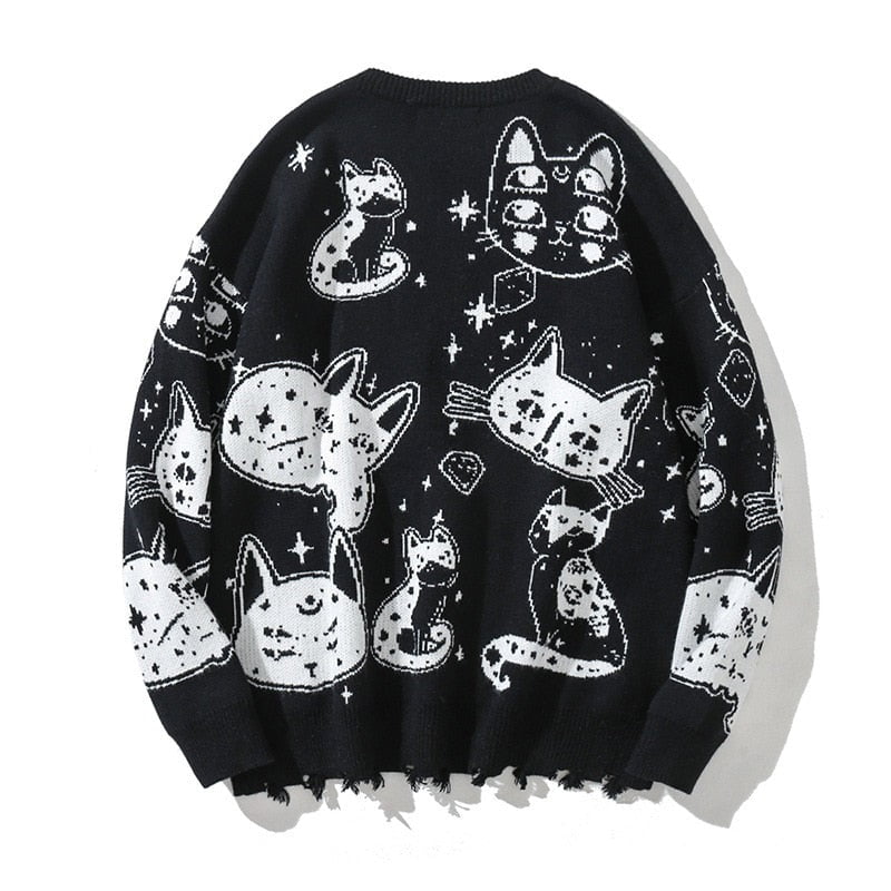 black / M Cat graphic women's oversized sweaters 14:1254#black;5:361386