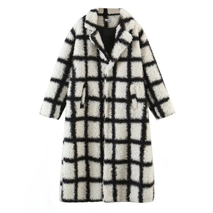 Petite faux fur checkerboard longline coat in monochrome