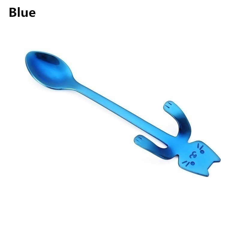 Blue lovely cute cat shaped teaspoon and ice 14:173#Blue