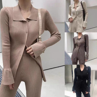 Knitted Women's Sweater Cardigan Set with Long Sleeve Top