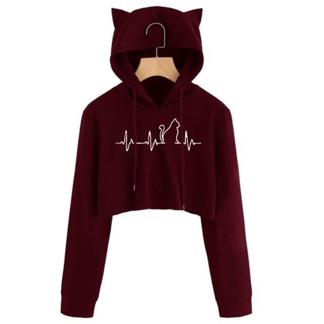 cat hoodies, tops, sweatshirt, fleace coat, women cat ears hoodie Wine red / S Short thin casual full hoodie STF:6804460825754